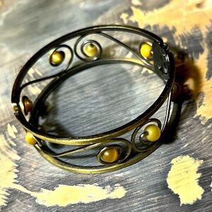 Brass Tigers Eye Beaded Hinged Wrap Bracelet